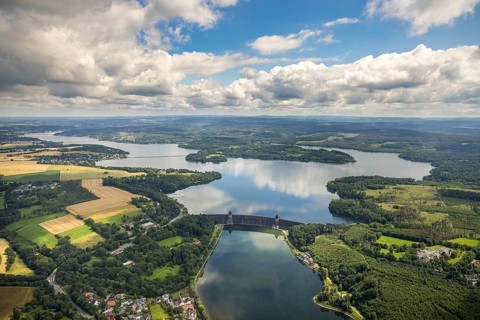 Aerial view, flood after heavy rainfall, Möhne dam with water level, Günne, Lake Möhne, Sauerland,