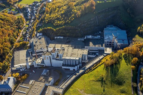 Aerial photo, C.& A. VELTINS brewery in the Grevenstein district of Meschede, Sauerland, North