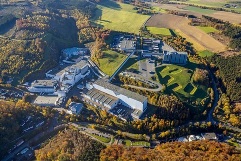 Aerial photo, C.& A. VELTINS brewery in the Grevenstein district of Meschede, Sauerland, North