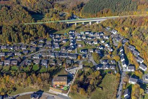 Aerial view, new development area Ziegelei II with children's garden in wooden construction in