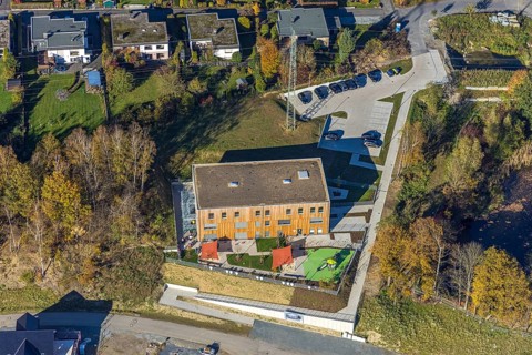 Aerial view, new development area Ziegelei II with children's garden in wooden construction in