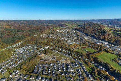 Aerial view, new development area Ziegelei II with children's garden in wooden construction in