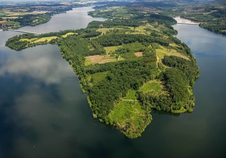 Aerial view, flood after heavy rainfall, Möhne dam with water level, Günne, Lake Möhne, Sauerland,