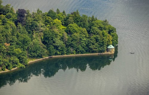 Aerial view, flood after heavy rainfall, Möhne dam with water level, Günne, Lake Möhne, Sauerland,