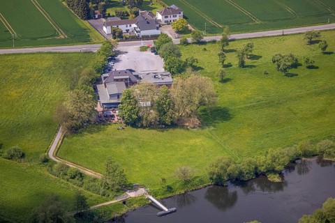 Aerial view, Franky's Wasserbahnhof Mintard, at the river Ruhr, Saarn, Mülheim an der Ruhr, Ruhr