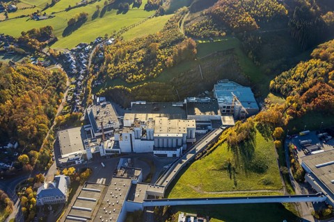 Aerial photo, C.& A. VELTINS brewery in the Grevenstein district of Meschede, Sauerland, North