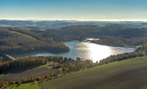Aerial view, Hennesee in the district Berghausen in Meschede, Sauerland, North Rhine-Westphalia,