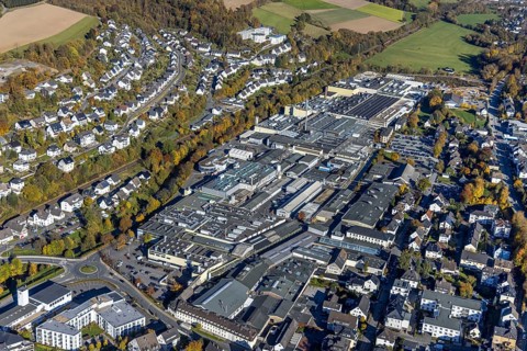 Aerial view, local view and Martinrea Honsel foundry in Meschede-Stadt in Meschede, Sauerland,