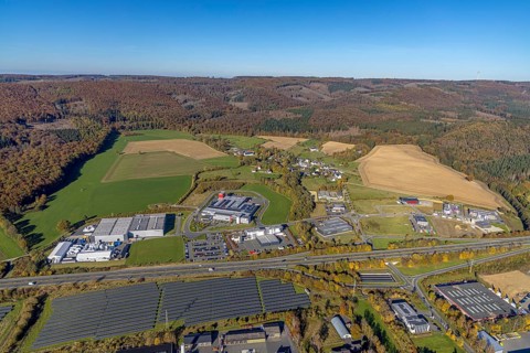 Aerial view, commercial area Enste with solar park at the motorway A46 in the district Enste in