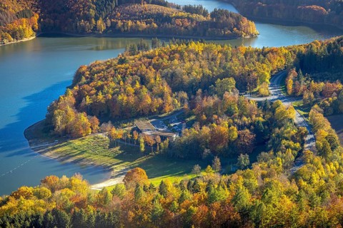 Aerial view, Restaurant H1 am See am Hennesee in autumn colours in the district Berghausen in