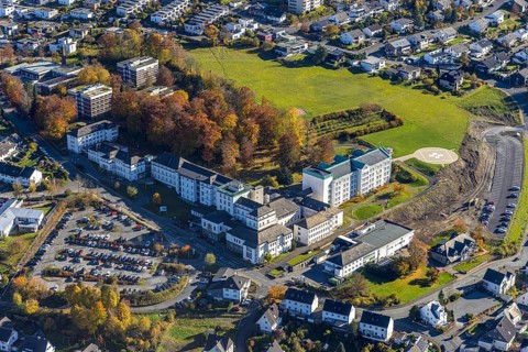 Aerial view, construction area at St. Walburga-Krankenhaus Meschede in Meschede-Stadt in Meschede,