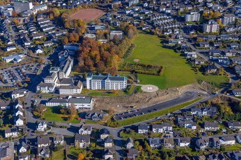 Aerial view, construction area at St. Walburga-Krankenhaus Meschede in Meschede-Stadt in Meschede,