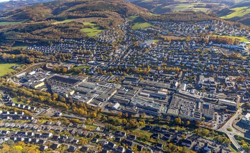 Aerial view, local view and Martinrea Honsel foundry in Meschede-Stadt in Meschede, Sauerland,