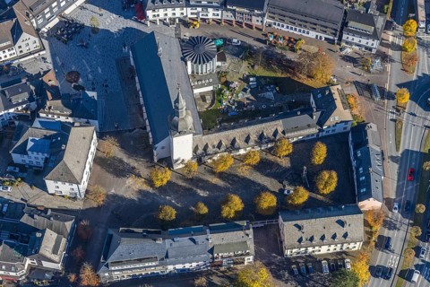 Aerial view, St. Walburga Church and Youth Centre at Stiftsplatz in Meschede-Stadt in Meschede,