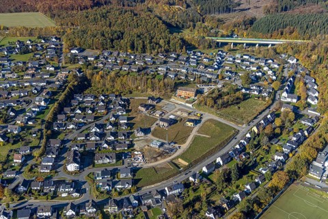 Aerial view, new development area Ziegelei II with children's garden in wooden construction in