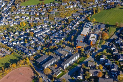 Aerial view, secondary school and grammar school in Meschede-Stadt in Meschede, Sauerland, North