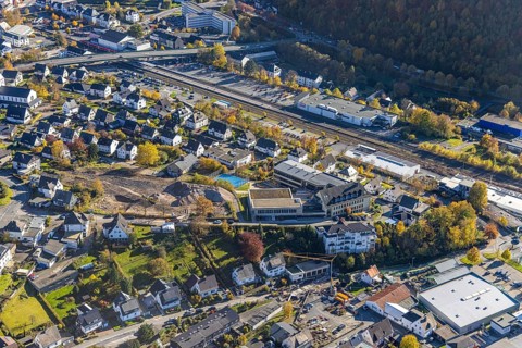 Aerial view, St. Walburga-Realschule and construction site for a residential quarter at the former