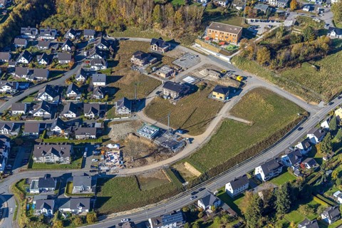 Aerial view, new development area Ziegelei II with children's garden in wooden construction in