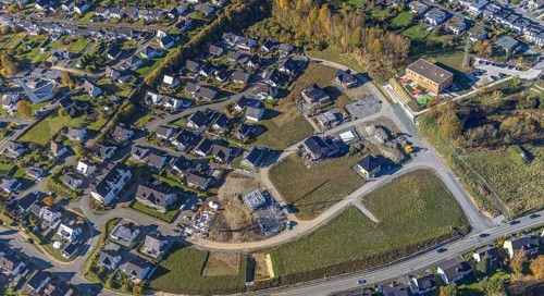 Aerial view, new development area Ziegelei II with children's garden in wooden construction in