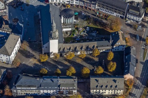 Aerial view, St. Walburga Church and Youth Centre at Stiftsplatz in Meschede-Stadt in Meschede,