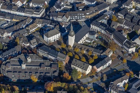 Aerial view, St. Walburga Church and Youth Centre at Stiftsplatz in Meschede-Stadt in Meschede,