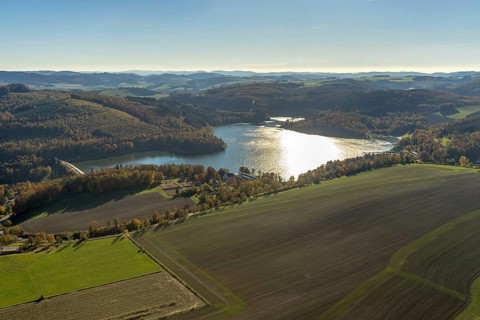 Aerial view, Hennesee in the district Berghausen in Meschede, Sauerland, North Rhine-Westphalia,
