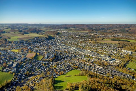Aerial view, local view and Martinrea Honsel foundry in Meschede-Stadt in Meschede, Sauerland,