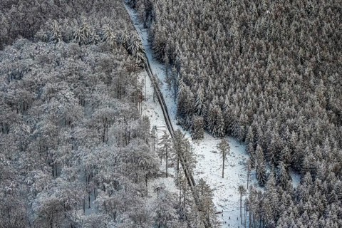 Aerial view of the Arnsberg Forest near Meschede in winter with snow in the Sauerland in North