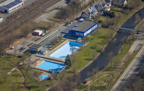 Aerial view, indoor and outdoor swimming pool Meschede, Meschede town, Meschede, Sauerland, North