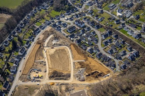 Aerial view, construction area residential development Waldstraße, new development area Ziegelei