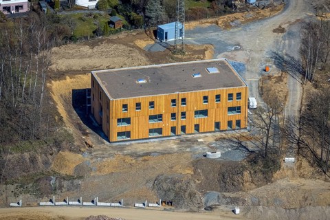 Aerial view, construction area residential development Waldstraße, new development area Ziegelei