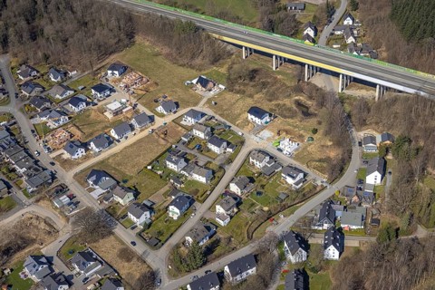 Aerial view, construction area residential development Waldstraße, new development area Ziegelei