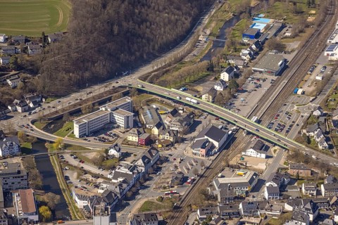 Aerial view, Meschede employment agency, Ruhr river, Meschede railway station, Meschede town,