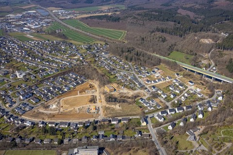 Aerial view, construction area residential development Waldstraße, new development area Ziegelei