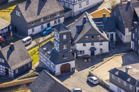 Aerial view, old fire station, half-timbered house, Rittergasse, Eversberg, Meschede, Sauerland,