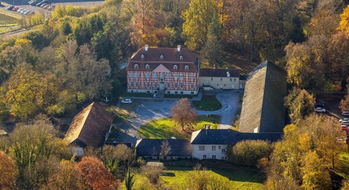 Aerial view, half-timbered house Gut Rödinghausen with the Menden Industrial Museum in the district