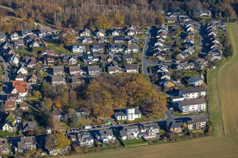 Aerial view, housing estate between Waldenburger Straße and Paschesiepen with chapel Heilig Geist