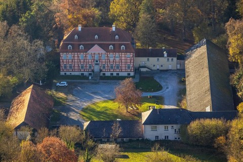 Aerial view, half-timbered house Gut Rödinghausen with the Menden Industrial Museum in the district