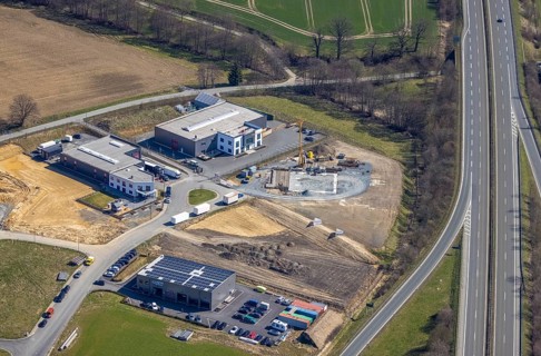 Aerial view, construction site industrial estate Enste, Auf dem Bruch, Enste, Meschede, Sauerland,