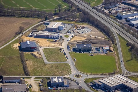 Aerial view, construction site industrial estate Enste, Auf dem Bruch, Enste, Meschede, Sauerland,