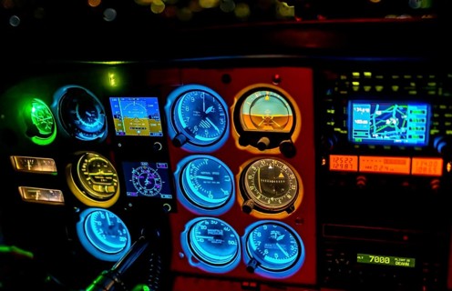 Aerial photograph, aeroplane cockpit, Cessna 172 RG, night lighting, Drewer, Marl, Ruhr area, North
