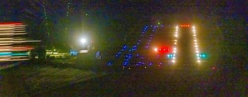 Aerial photo, Marl Loemühle airfield, night approach to the runway with PAPI, runway lighting,