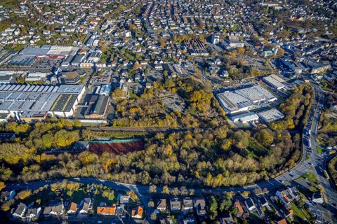Aerial view, brownfield site on Carl-Benz-Straße between Hellweg Baumarkt and HME Copper Germany in