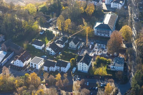 Aerial view, renovation at the district court Menden and housing estate with construction site