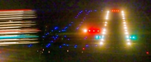 Aerial photo, Marl Loemühle airfield, night approach to the runway with PAPI, runway lighting,