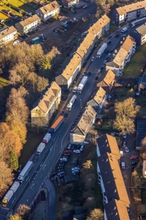 Aerial view, through road with truck traffic jam on the Lennestraße at the exit Lüdenscheid of the