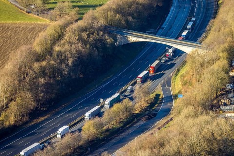 Aerial view, truck traffic jam on the Sterbecke viaduct in front of the closed Rahmede viaduct of