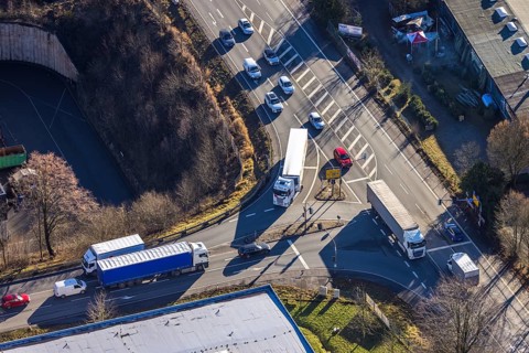 Aerial view, diversion traffic and through traffic due to the closed Rahmede viaduct in the
