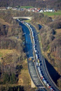 Aerial view, truck traffic jam on the Sterbecke viaduct in front of the closed Rahmede viaduct of