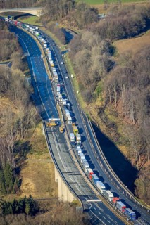 Aerial view, truck traffic jam on the Sterbecke viaduct in front of the closed Rahmede viaduct of